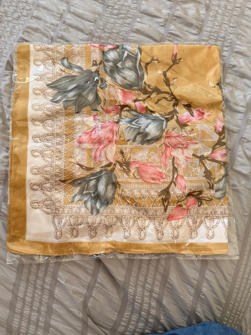 Floral Pattern Satin Square Scarf in Mustard and Pink